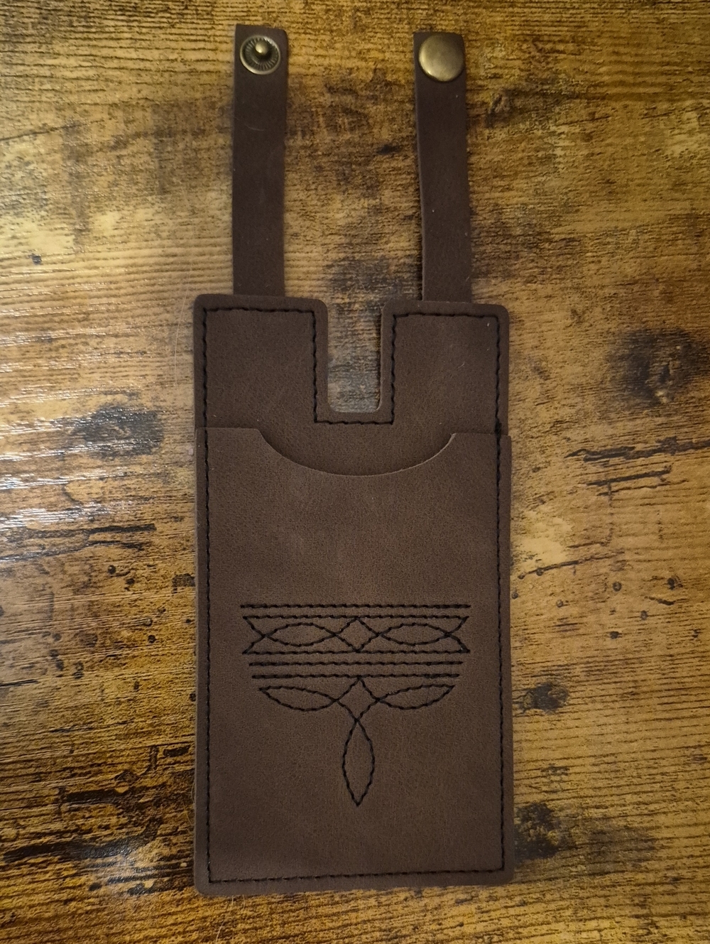 Brown Leather Card Wallet with Embroidered Detail